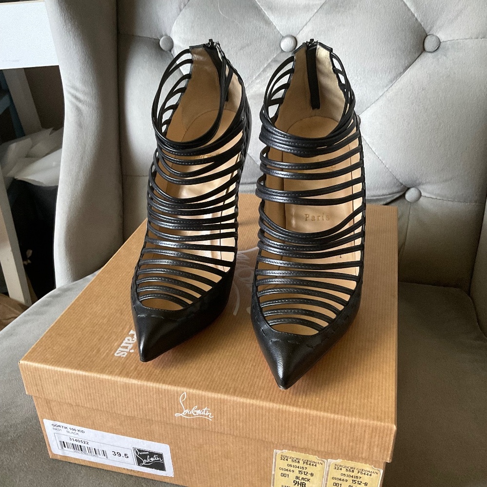 Christian Louboutin Black Leather Gortik 100 Booties Size 39.5 Caged Pump Kid